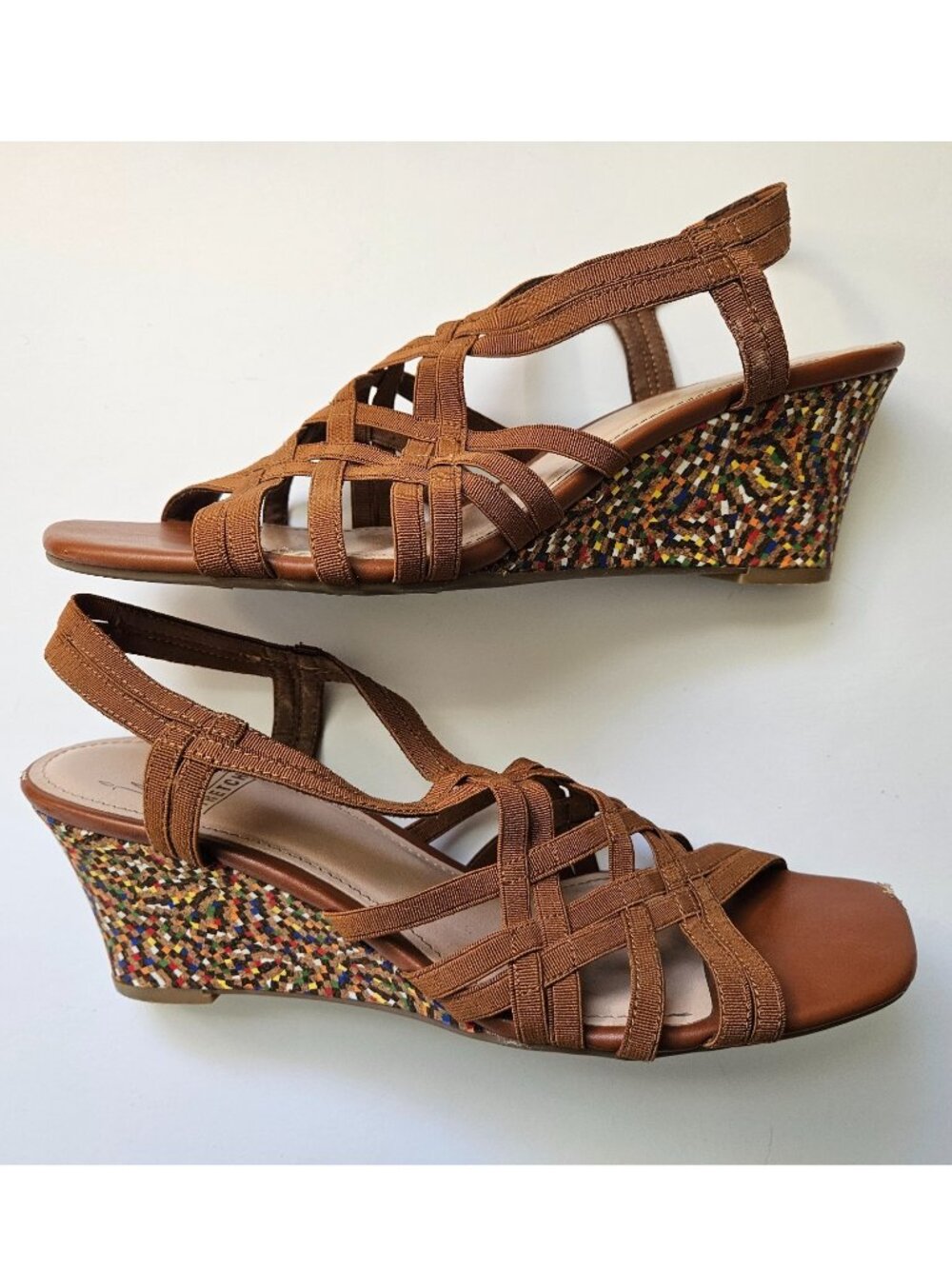 IMPO women 8 Nerina Cognac cork wedge colorful heel strappy sandal neutral artsy